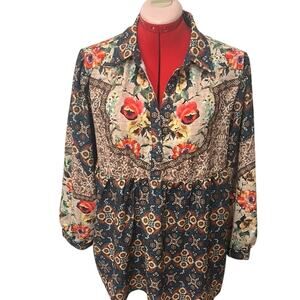 Umgee Women’s Floral Rose Tunic Blouse Boho Peasant Gypsy Dress Top Size L